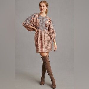 NWT By Anthropologie Embroidered Tunic Mini Dress in Peach Size Small.